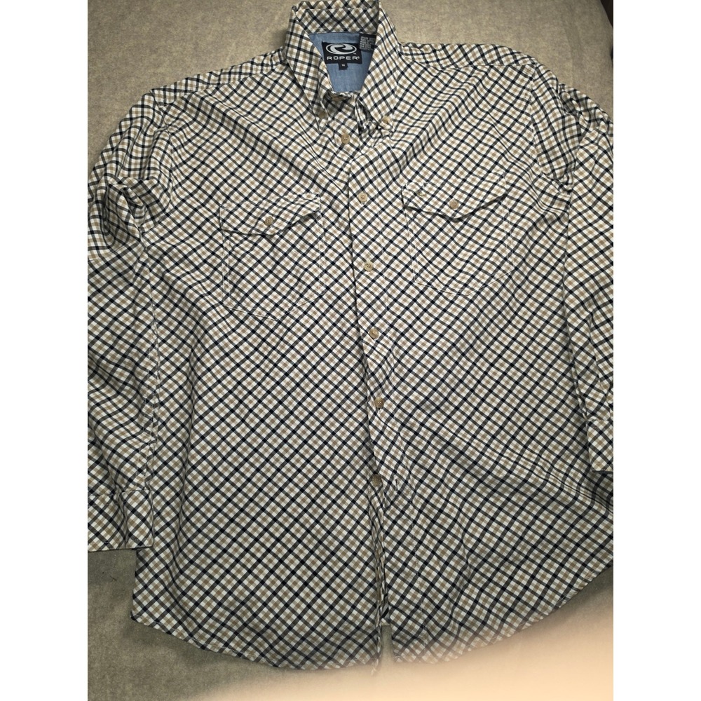Roper Mens Plaid Western Button Down Shirt Tan Black White 100% Cotton 301378660